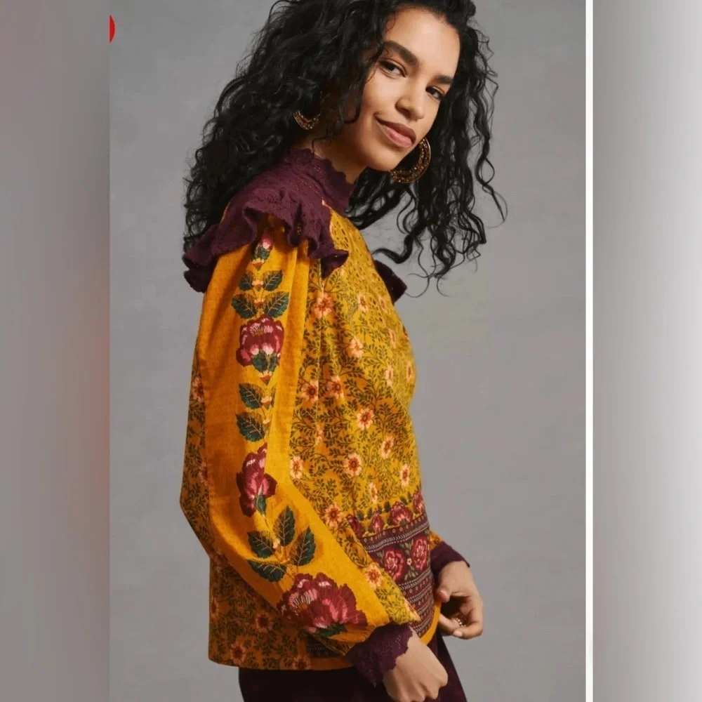 Farm Rio 100% cotton floral print lace bodice/collar ruffle floral print top. - Picture 1 of 10